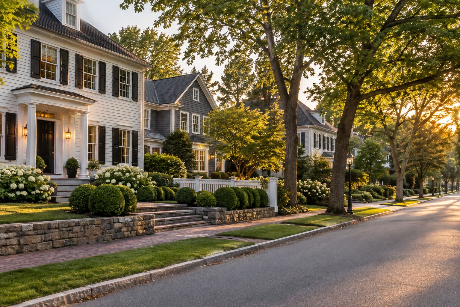A quiet Greater Boston area residential street, illustrative