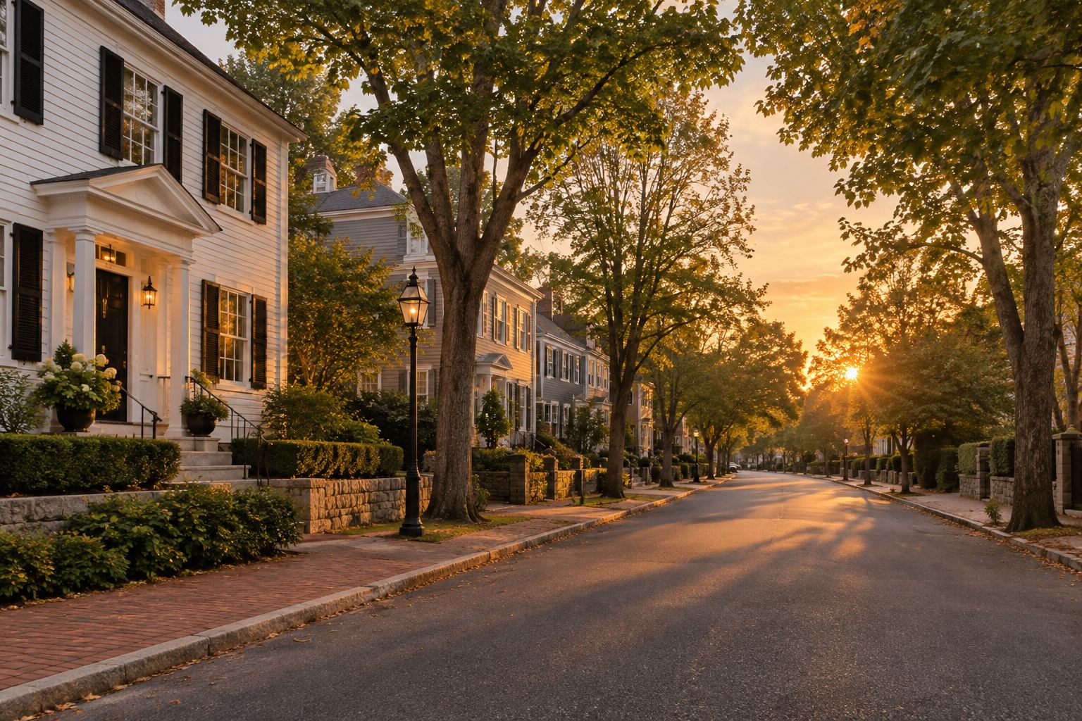 A Greater Boston area street at sunset, illustrative