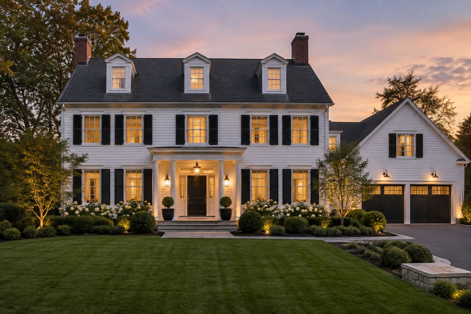 A Greater Boston area home exterior at dusk, illustrative