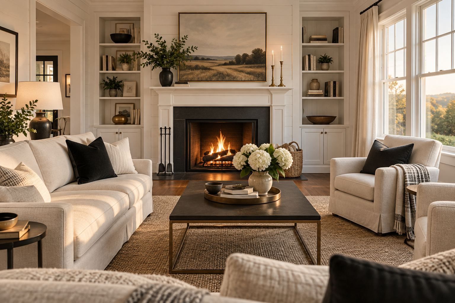 A cozy Greater Boston area living room, illustrative